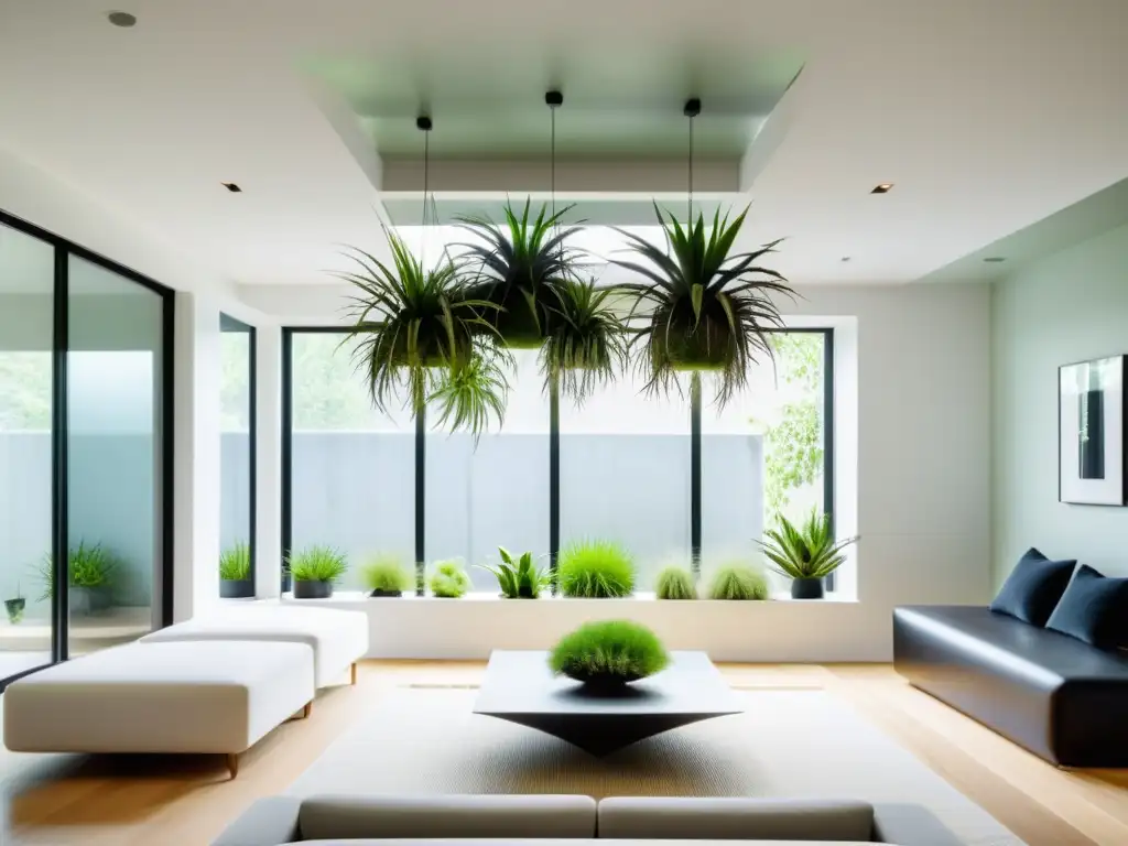 Un oasis minimalista con plantas aéreas flotantes en un jardín interior