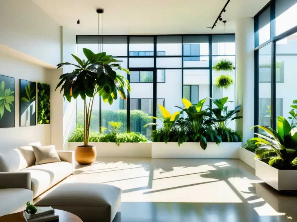 Un oasis natural en un apartamento urbano minimalista, con plantas de interior que crean un ambiente sereno y vibrante