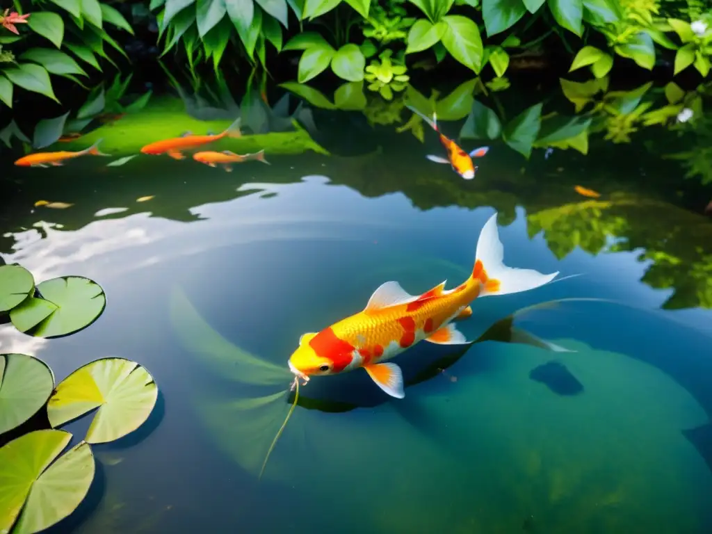 Un oasis natural de serenidad: un jardín acuático con plantas purificadoras de agua, peces koi y agua cristalina