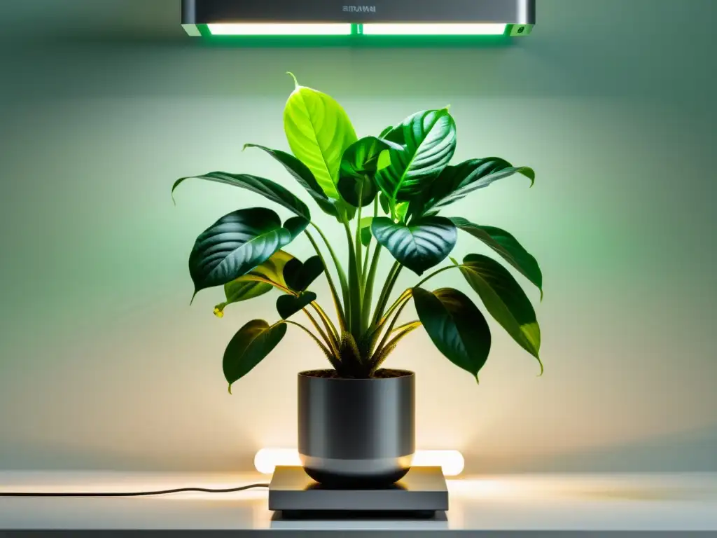 Un oasis de plantas en un ambiente moderno y elegante, iluminado con cuidado