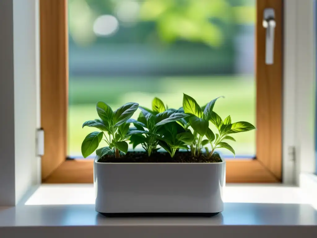 Un oasis de plantas aromáticas en un pequeño y elegante macetero en un alféizar blanco