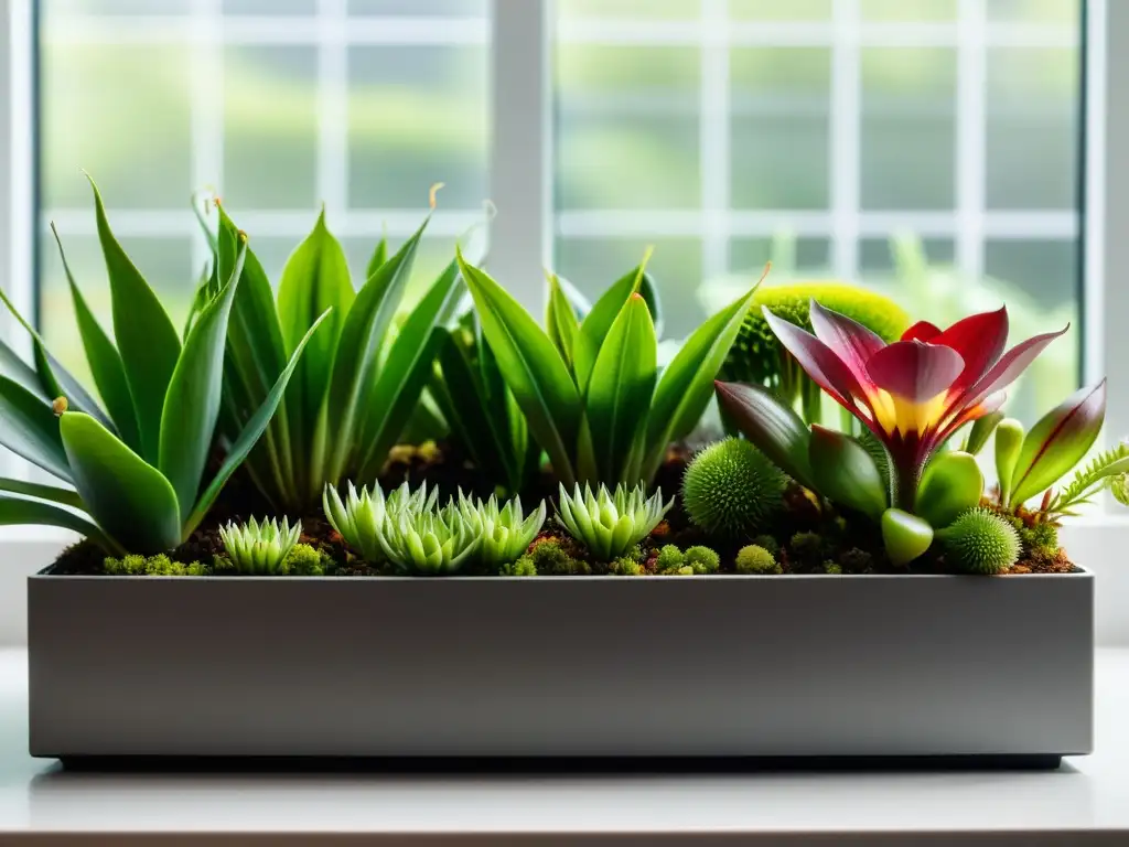 Un oasis de plantas carnívoras exóticas en un jardín interior minimalista