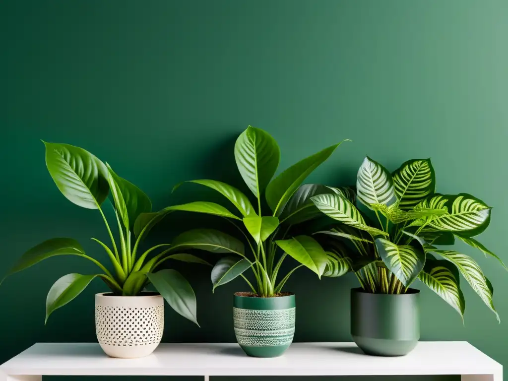 Un oasis de plantas de interior en armonía, con variedad de follaje verde exuberante en elegantes macetas