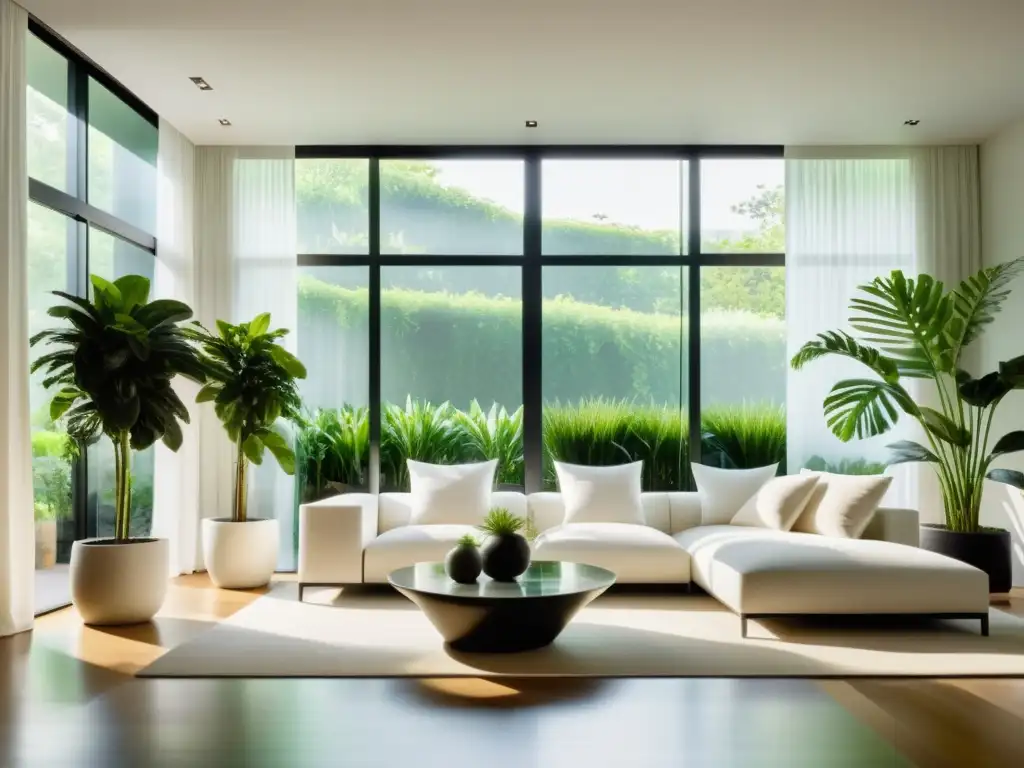 Un oasis de plantas de interior en elegante sala moderna con luz suave y cuidado en sombra