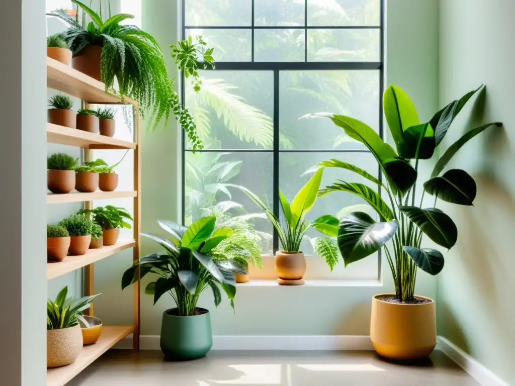 Un oasis de plantas de interior para salud mental en un espacio minimalista y sereno con luz natural