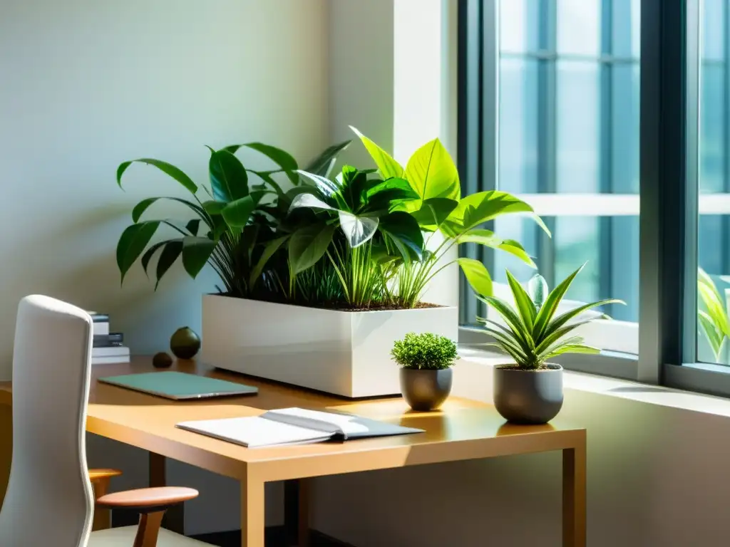 Un oasis de plantas en una oficina moderna bañada por la luz solar, aportando beneficios plantas interiores oficina