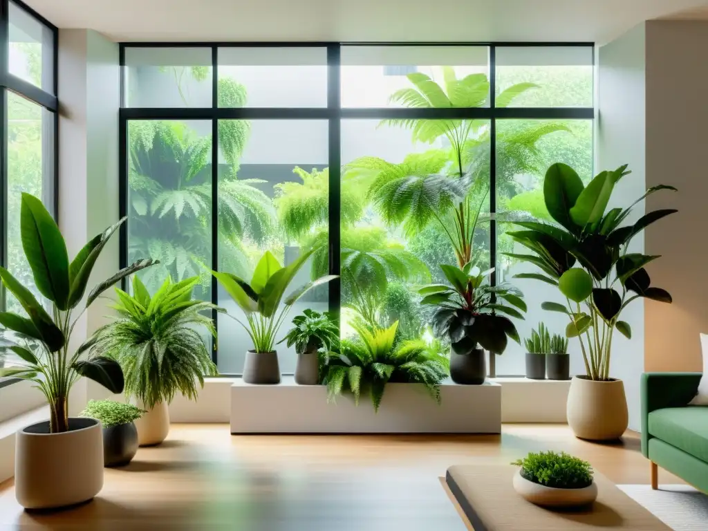 Un oasis de serenidad en un apartamento cuidado plantas interior, con exuberante vegetación y luz natural