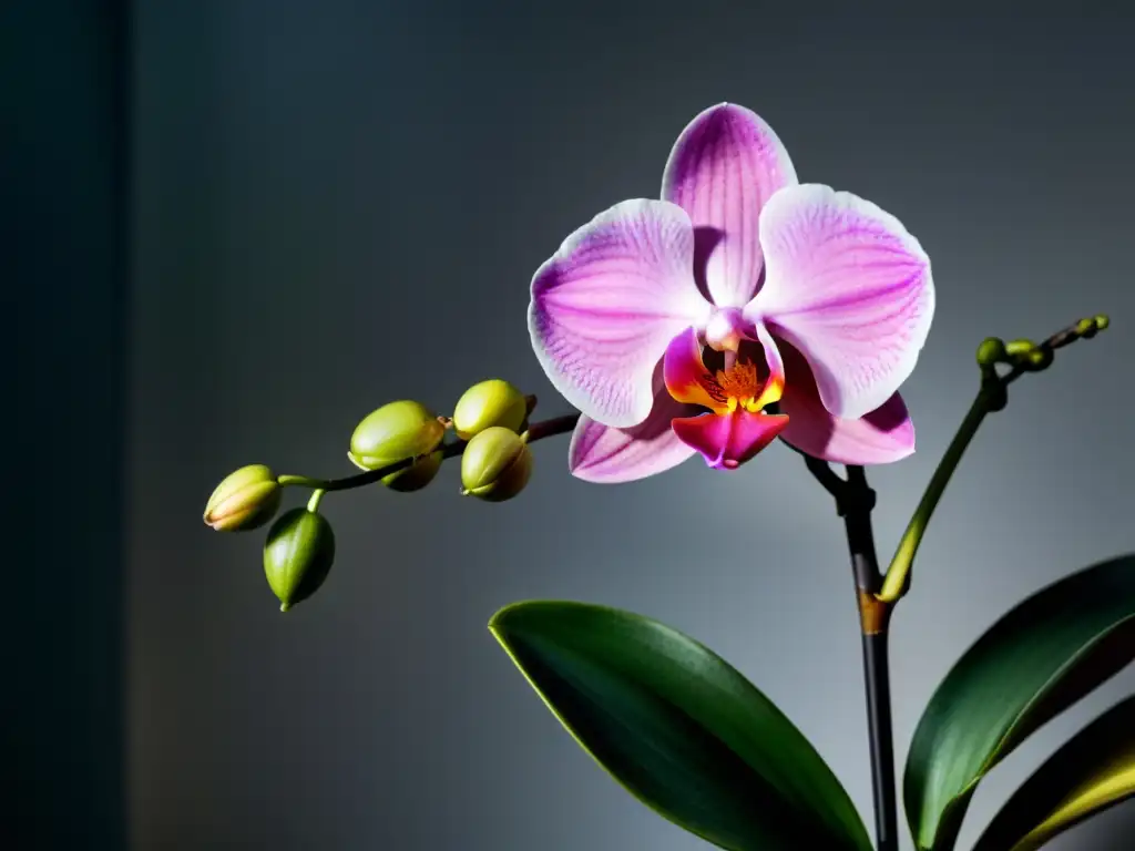 Un oasis de serenidad en casa, con una exuberante orquídea en plena floración