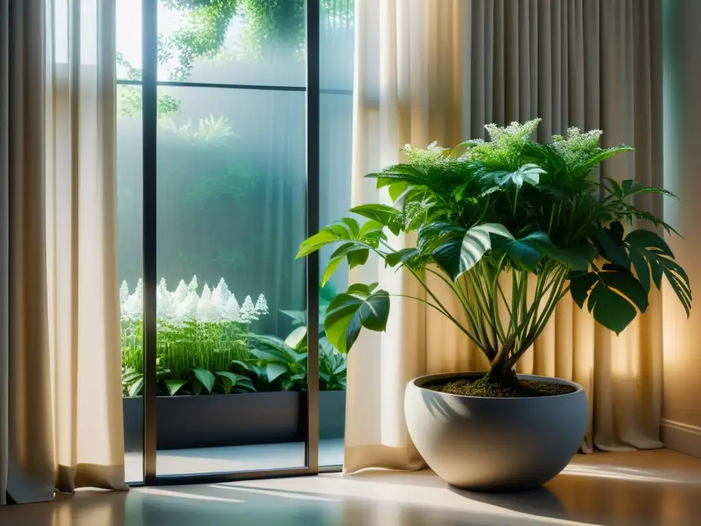 Un oasis de serenidad con un cultivo de valeriana en interiores como punto focal, iluminado por una suave luz natural