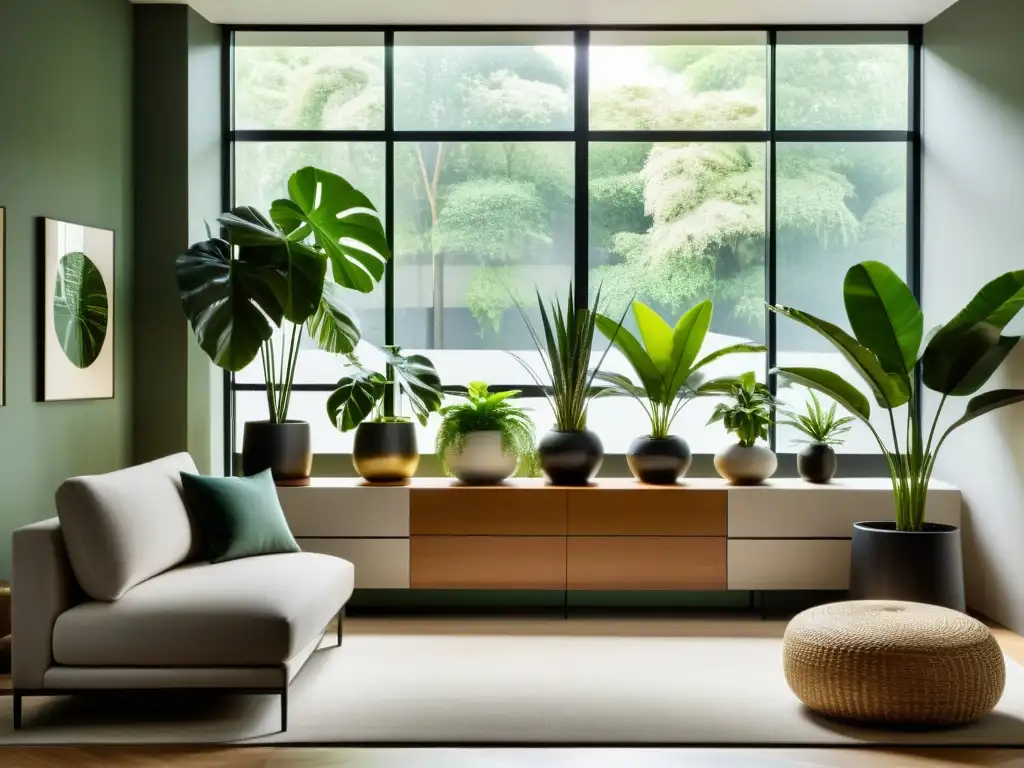 Un oasis de serenidad: Fotografía decorativa plantas de interior en un salón minimalista bañado por luz natural