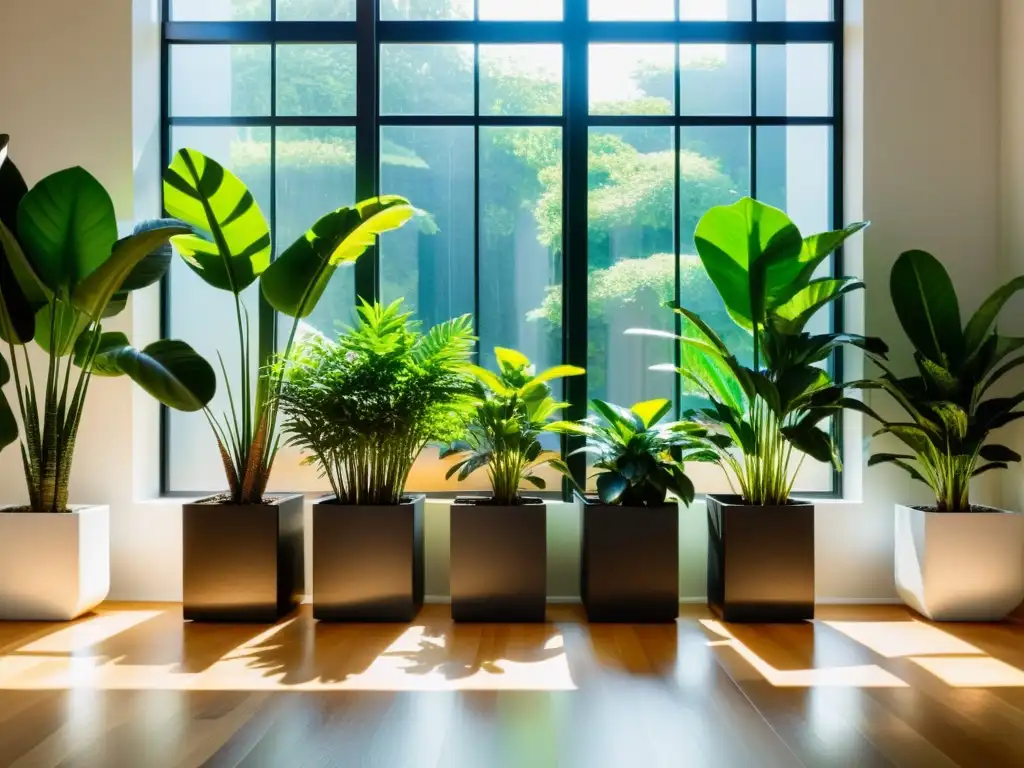 Un oasis de serenidad: hermoso jardín interior con plantas exuberantes en macetas modernas