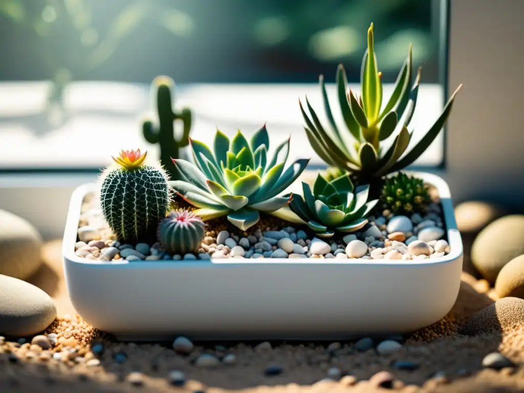 Un oasis de serenidad en miniatura con suculentas y cactus en maceta blanca