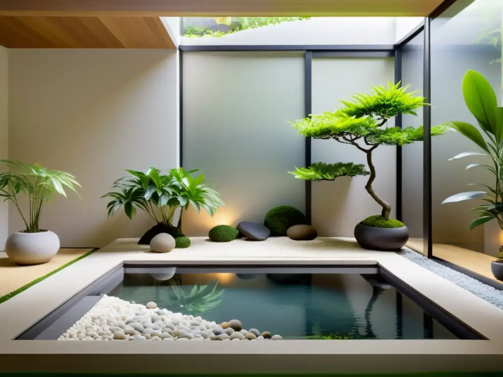 Un oasis de serenidad con plantas exuberantes en un diseño japonés minimalista