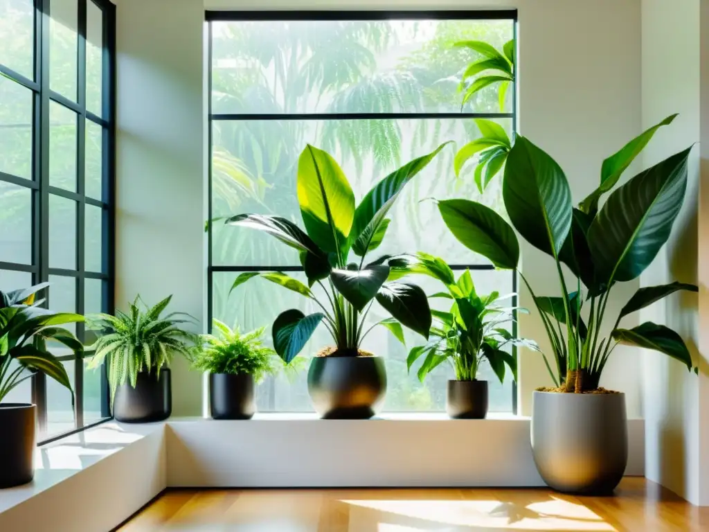 Un oasis de serenidad con plantas de interior para salud mental, bañado por luz natural y un ambiente tranquilo