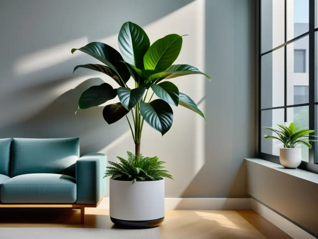 Un oasis de serenidad en la sala con una planta interior próspera y un panel moderno, ideal para Consejos para cuidar plantas de interior