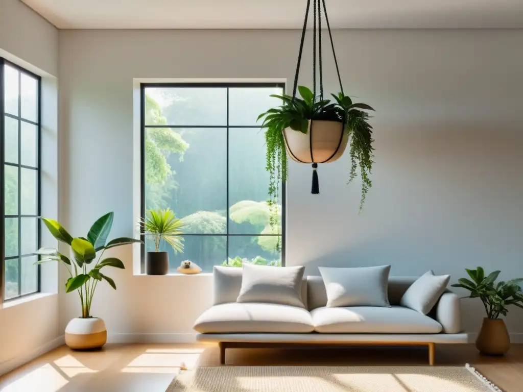 Serenidad verde: Feng Shui en el salón Un oasis de serenidad: planta colgante vibrante en salón minimalista, bañado por luz natural
