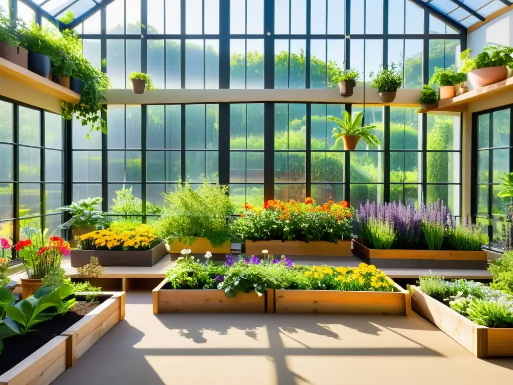 Un oasis de tranquilidad en un jardín comunitario interior, con exuberante vegetación y herramientas de jardinería organizadas