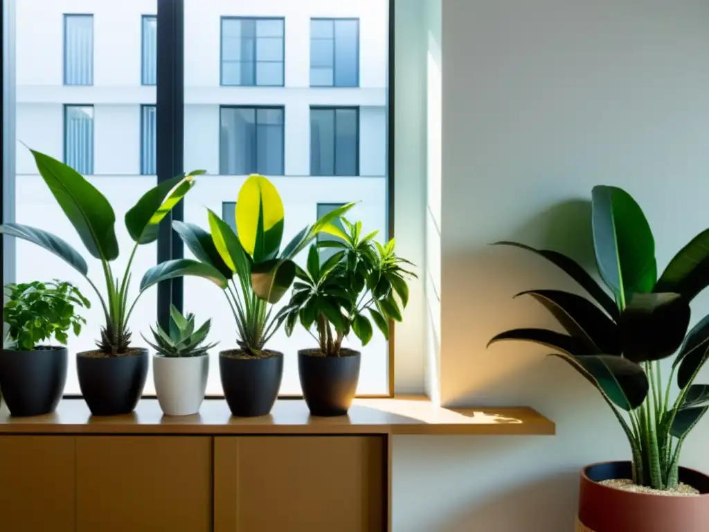 Un oasis de tranquilidad con plantas de interior para la fatiga visual en un entorno minimalista iluminado por la luz natural