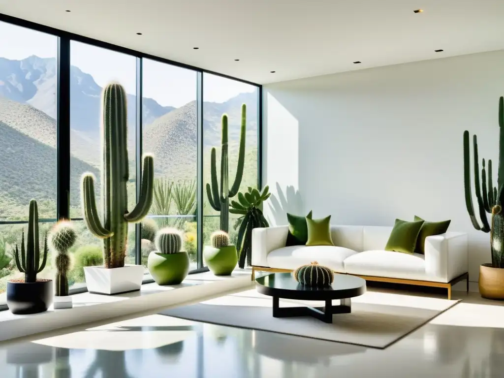 Un oasis de tranquilidad: sala minimalista con cactus exóticos en elegantes maceteros