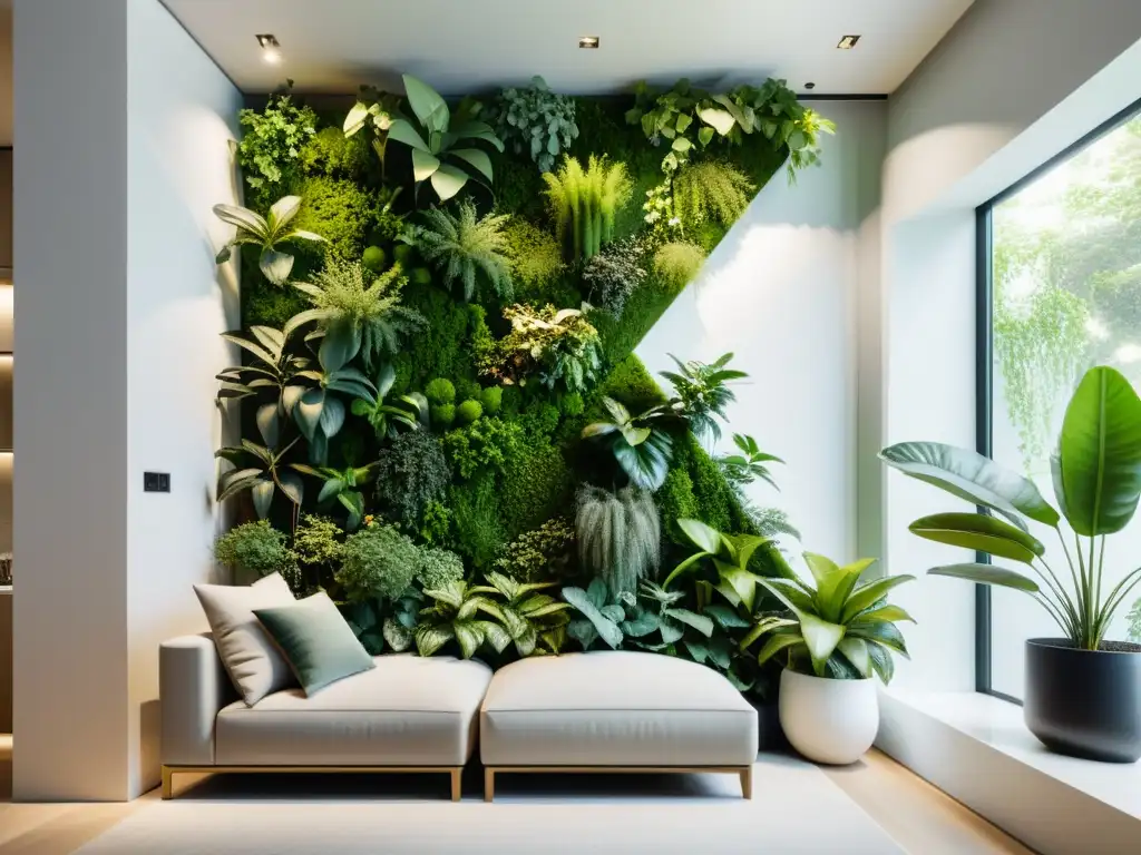 Un oasis de tranquilidad con un jardín vertical para plantas de interior, destacando la fusión de naturaleza y modernidad en un espacio sereno