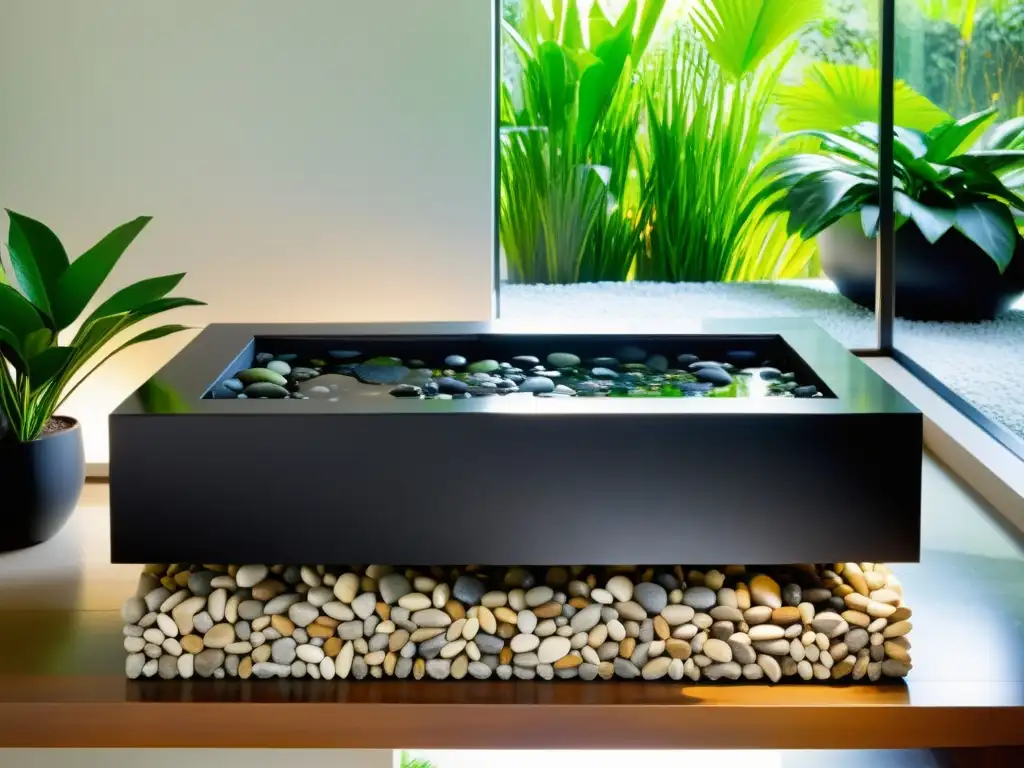 Un oasis tranquilo con elementos de agua para jardín interior en un espacio moderno y armonioso, iluminado por la suave luz natural