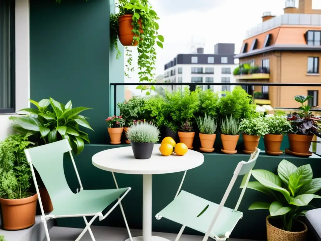 Un oasis urbano en un balcón de apartamento, con técnicas de jardinería guerrilla, rebosante de plantas y una atmósfera tranquila y acogedora