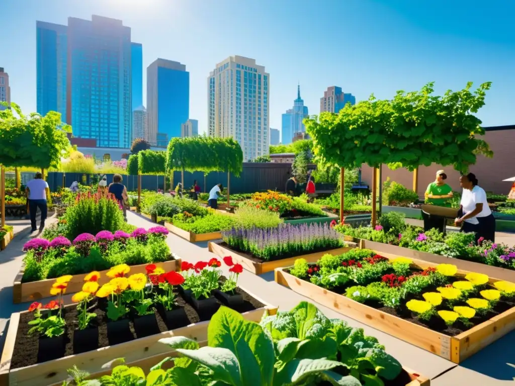 Un oasis urbano en un jardín comunitario, repleto de vegetación exuberante y flores coloridas