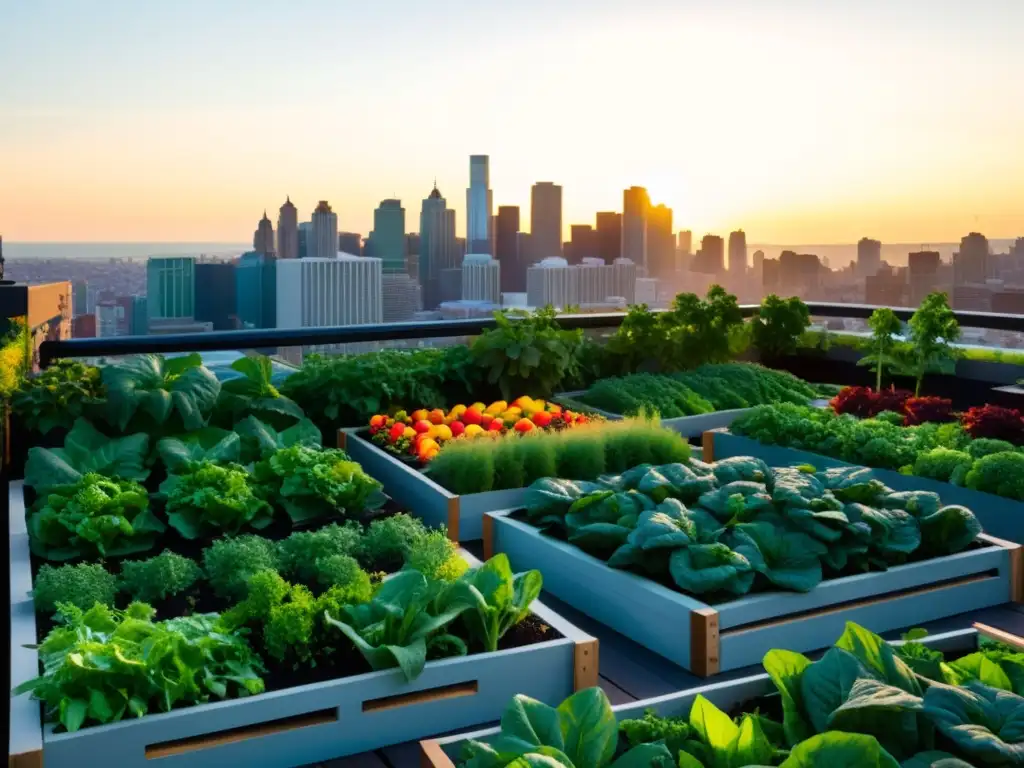 Un oasis urbano con huerto comestible en alturas, lleno de vegetales y frutas, en contraste con el horizonte de la ciudad al atardecer