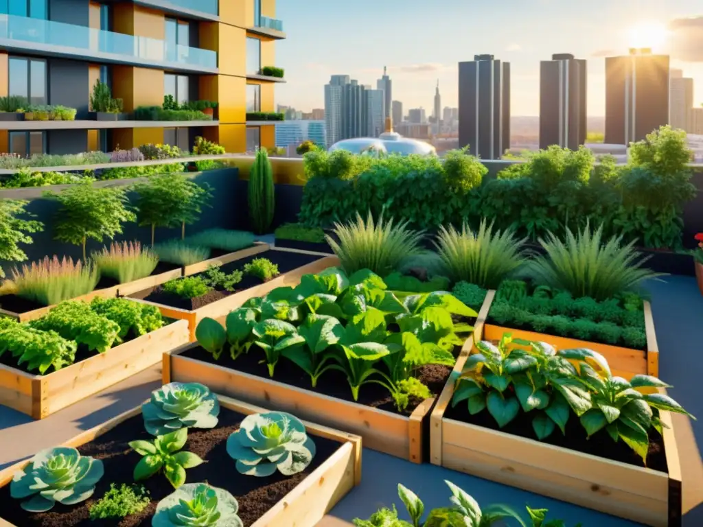 Un oasis urbano de plantas saludables y vibrantes, rodeado de edificios modernos