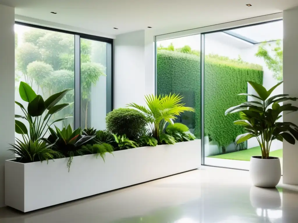 Un oasis urbano de tendencias jardinería urbana interior: plantas verdes en macetas blancas, luz natural y diseño contemporáneo