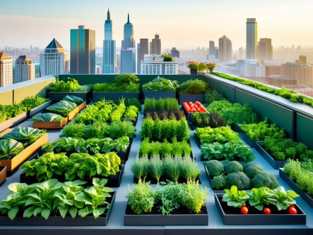 Un oasis verde en la azotea transformando tejados en oasis verdes, con hortalizas y frutas vibrantes bajo el sol urbano