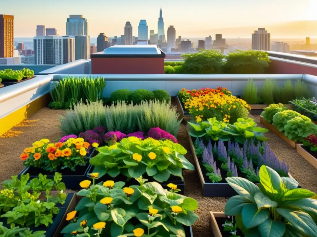 Un oasis verde en la azotea, transformando tejados en oasis verdes con vegetales y flores vibrantes bajo la cálida luz del sol urbano