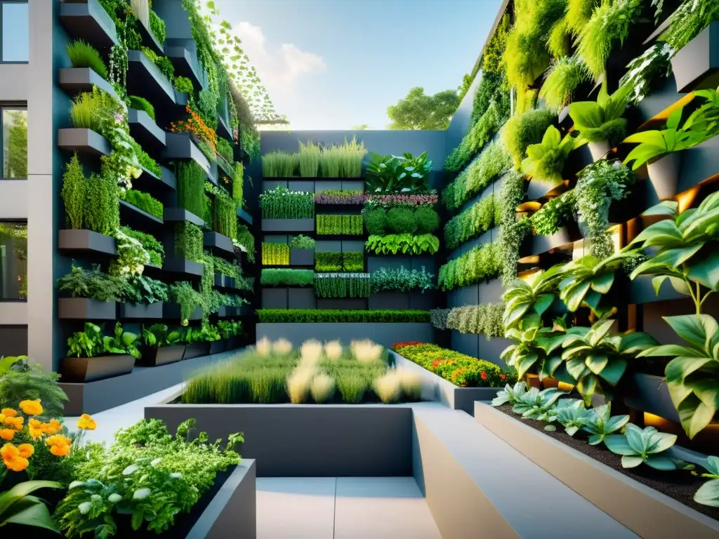 Jardín vertical urbano: oasis en la jungla de concreto Un oasis verde en la ciudad: jardines comunitarios verticales integrados en un paisaje urbano vibrante