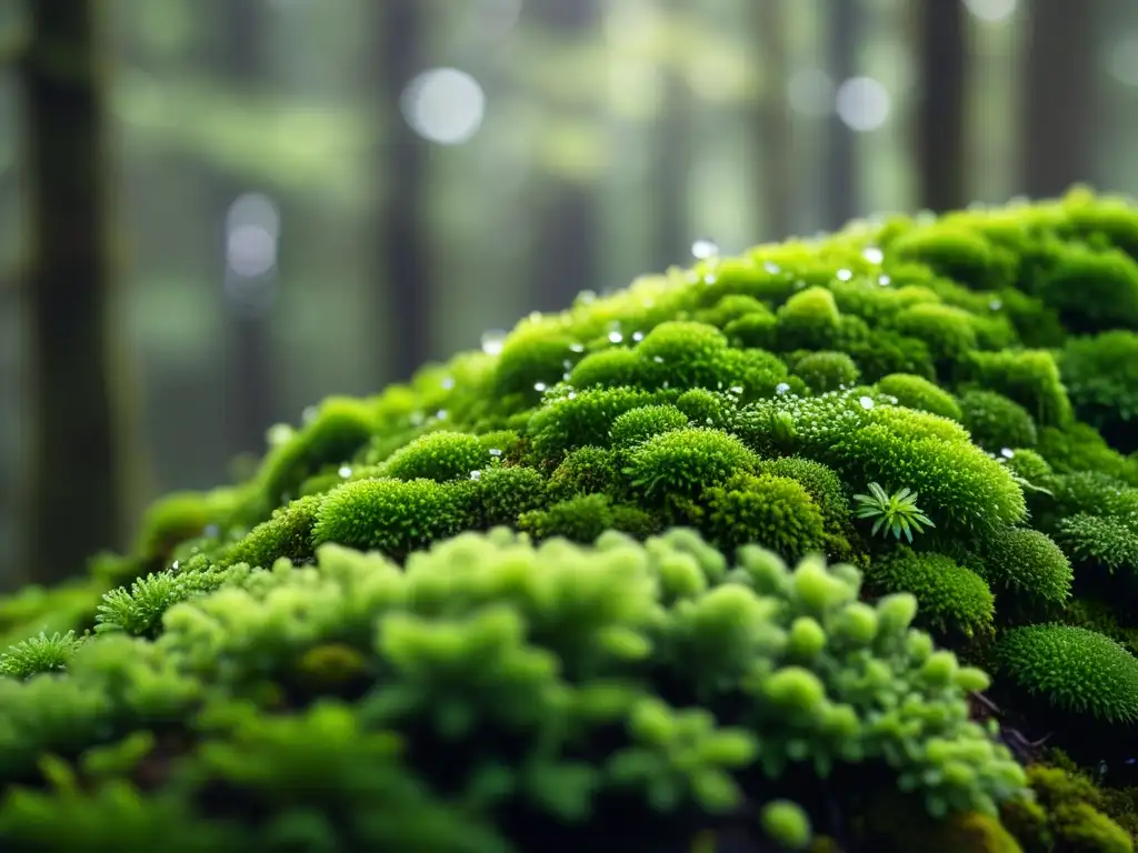 Un oasis de musgo verde exuberante con gotas de rocío, bañado por la luz del sol