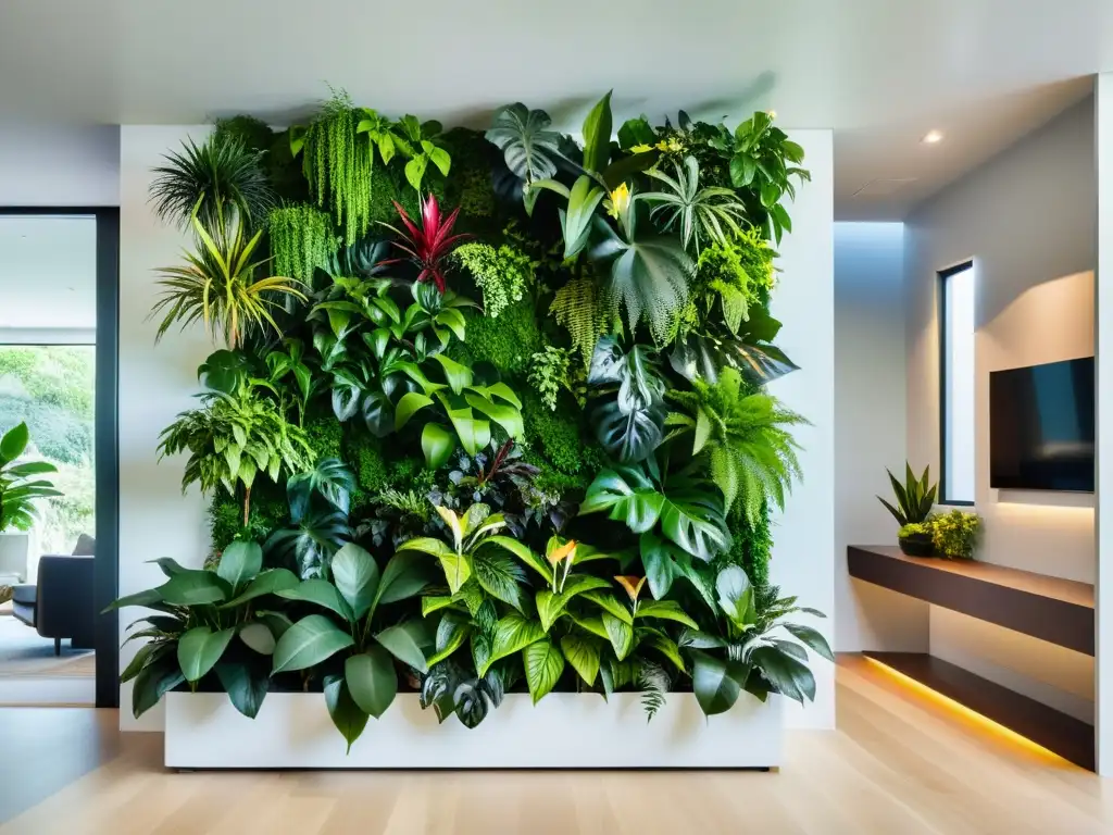 Un oasis verde interior para calmar, con un muro verde exuberante que contrasta con el diseño contemporáneo