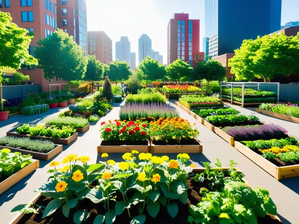 Un oasis verde en medio de la ciudad, jardines comunitarios cambio climático florecen con vida colorida y vitalidad urbana