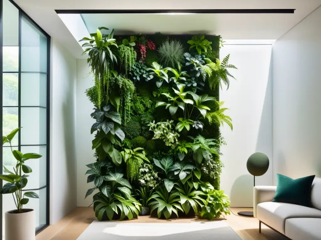 Un oasis verde en un jardín vertical interior, iluminado por la luz del sol