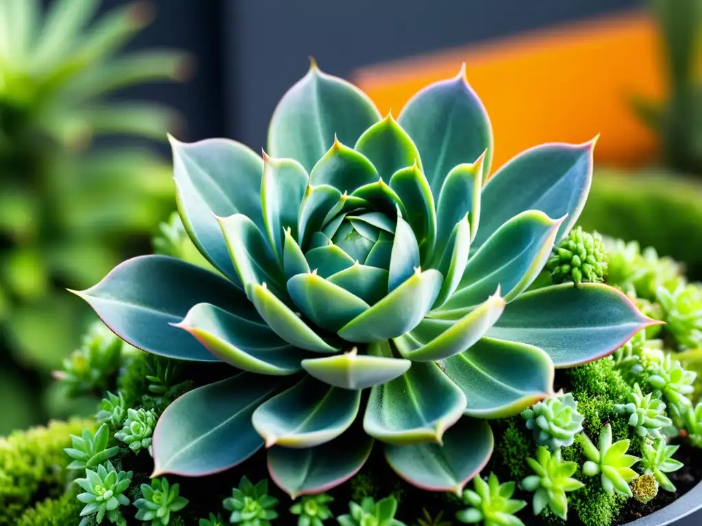 Un oasis vibrante de suculentas en un techo verde interior moderno