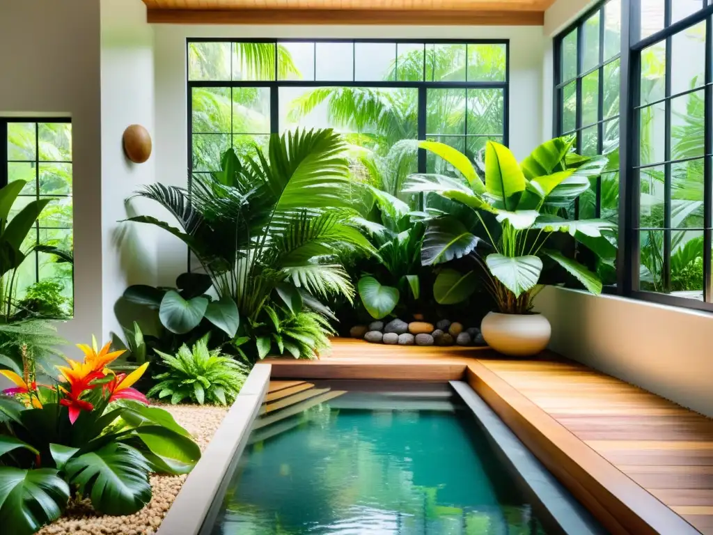 Un oasis zen con plantas tropicales exuberantes, un jardín interior vibrante y sereno