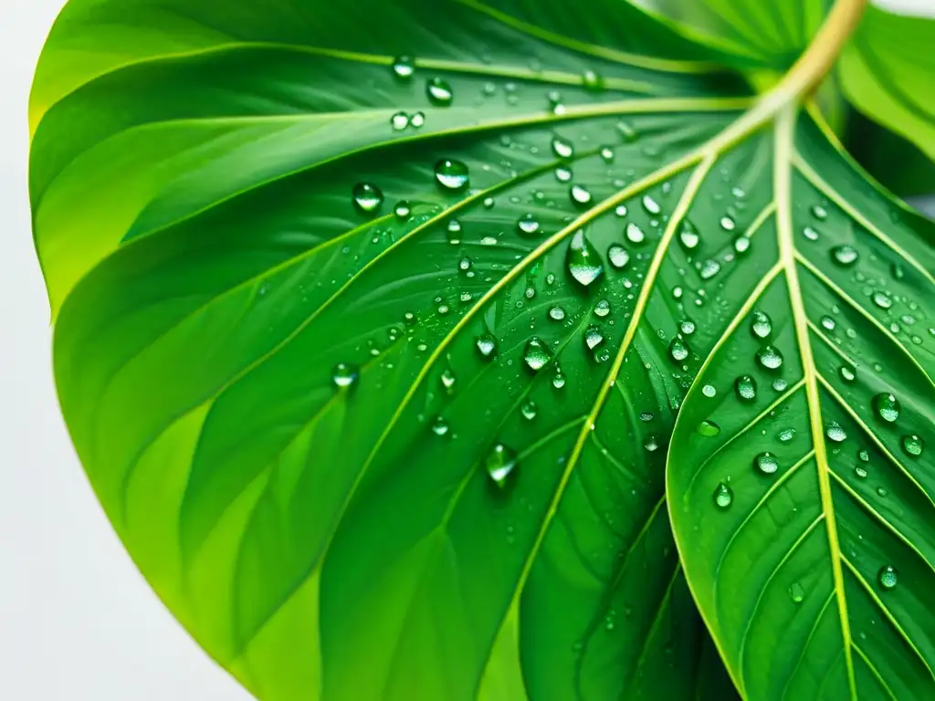 Una obra de arte que muestra una hoja de monstera verde exuberante y vibrante cubierta de delicadas gotas de agua