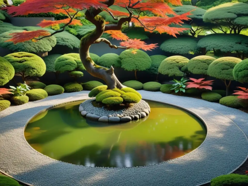 Una obra maestra de jardín japonés con un hermoso Bonsái Asiático, mostrando la belleza y serenidad de la naturaleza