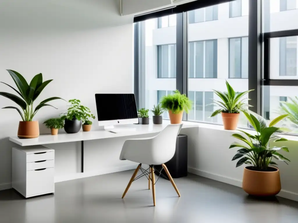 Oficina minimalista con plantas en ubicación estratégica, creando un ambiente moderno y acogedor con luz natural