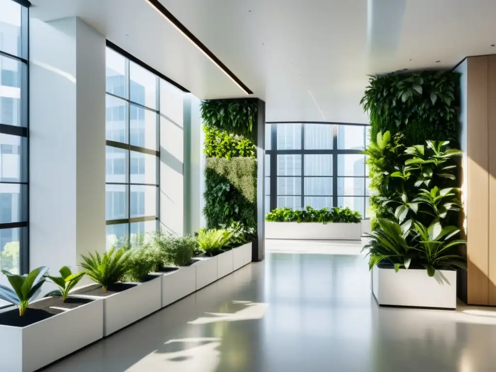 Oficina minimalista con plantas verticales para oficinas pequeñas, creando un ambiente tranquilo y productivo