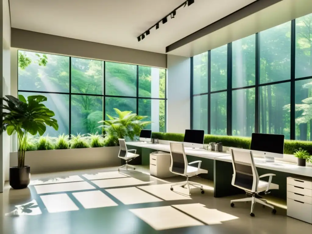 Oficina moderna con beneficios de plantas de interior, vista a un bosque verde a través de grandes ventanas, ambiente calmado y elegante