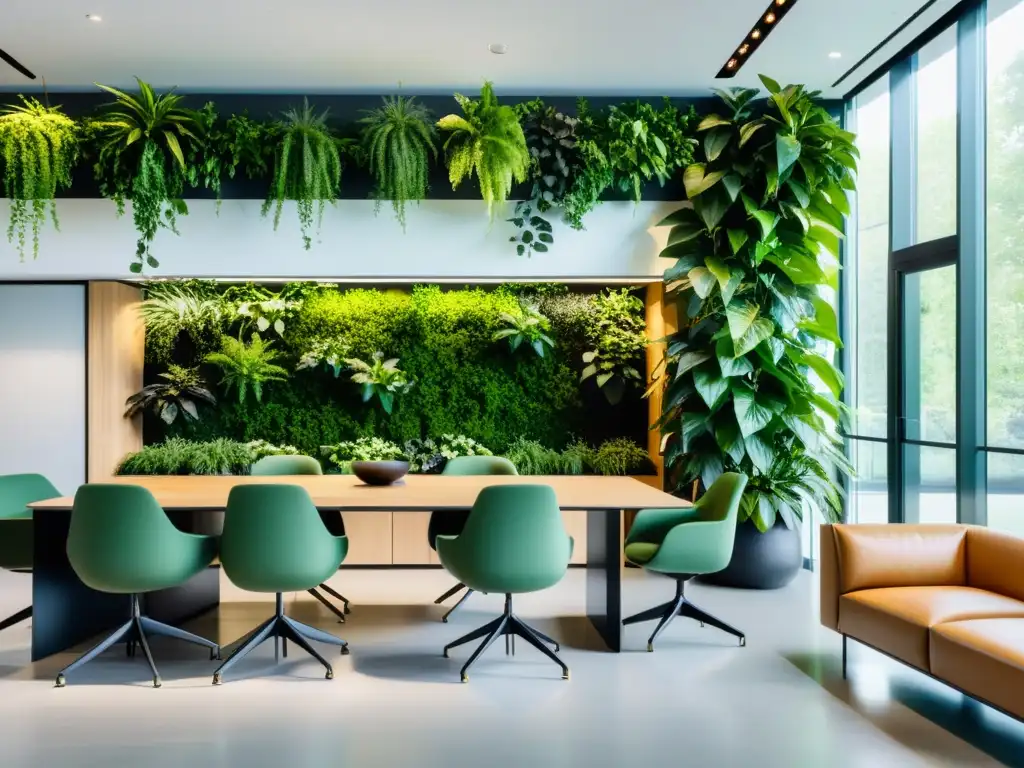 Oficina moderna con normativas de techo verde interior plantas, diseño minimalista y ambiente tranquilo