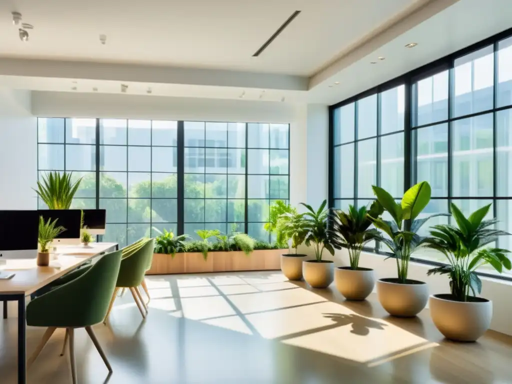 Oficina moderna con plantas de interior para síndrome edificio enfermo, creando un ambiente natural y sereno