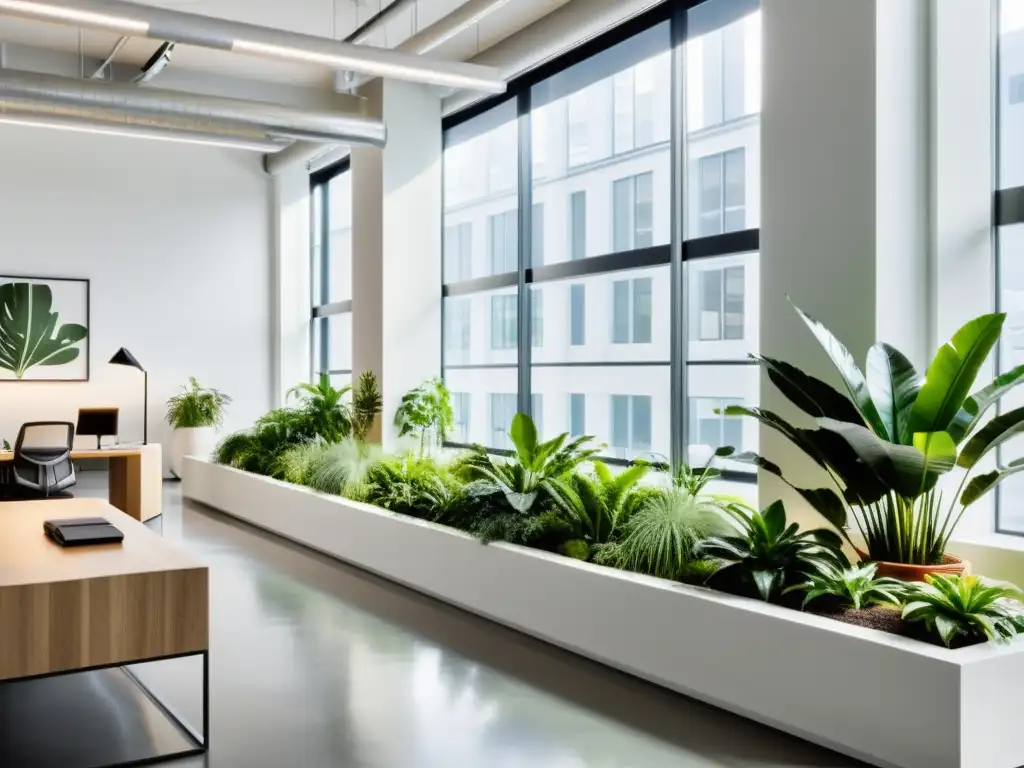 Oficina moderna con plantas de interior estratégicamente ubicadas, creando un ambiente armonioso y productivo