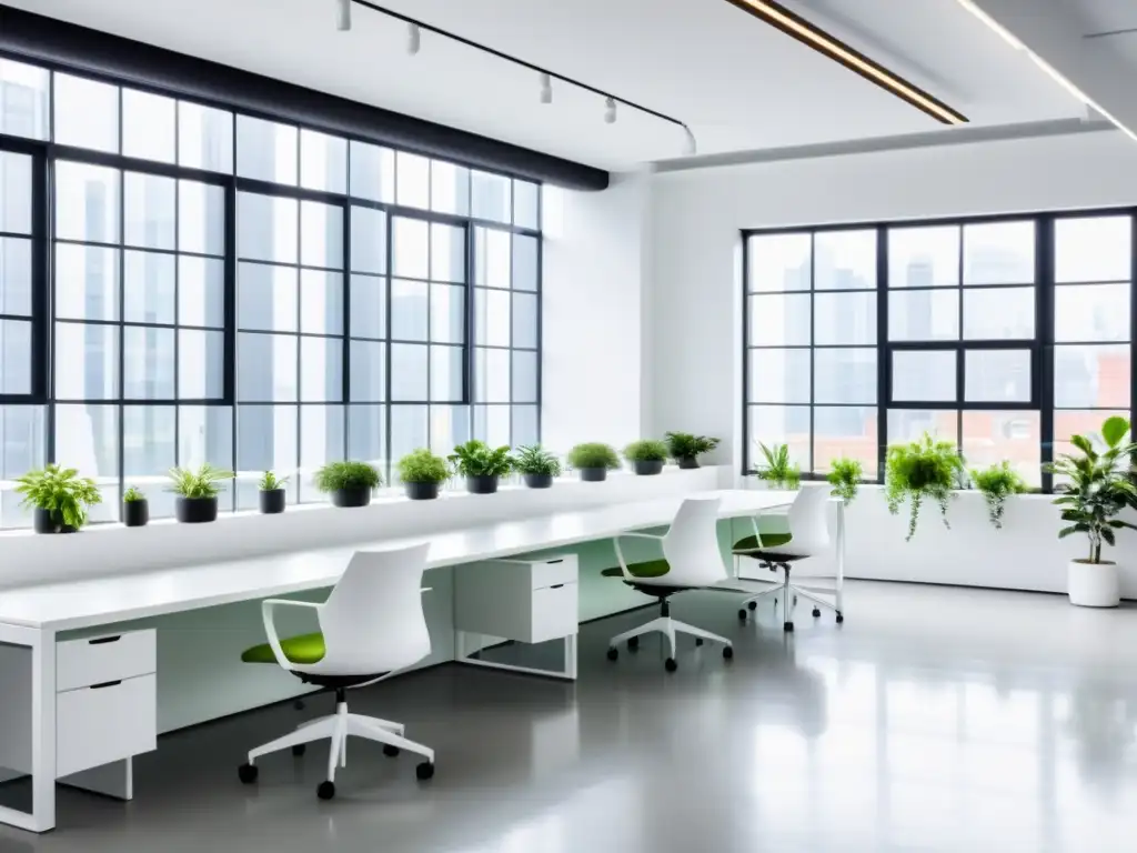 Oficina moderna con plantas de interior para productividad, escritorios blancos minimalistas y luz natural serena