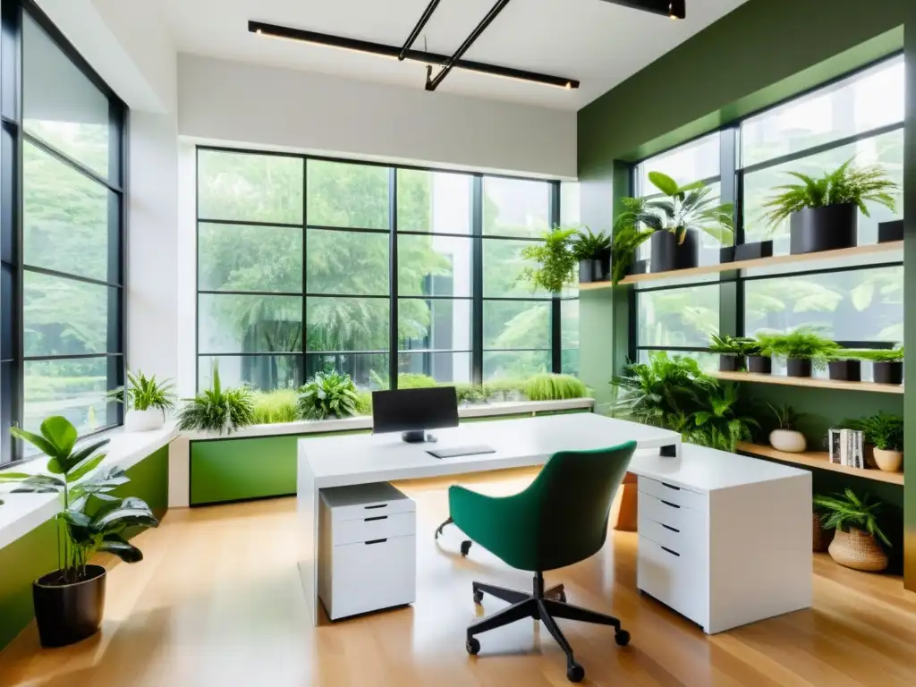 Oficina moderna con plantas de interior que favorecen la concentración en un ambiente sereno y creativo