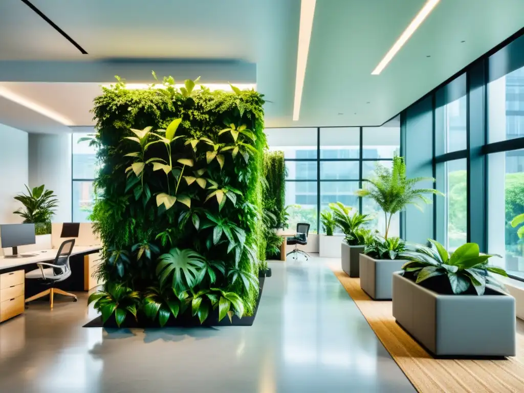 Oficina moderna con plantas de interior para oficina, inundada de luz natural y decorada con muebles minimalistas